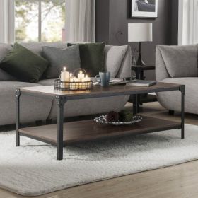 Industrial Coffee Table for Living Room, with Storage Shelf, Rivet Design, Wood Look Accent Furniture, Teak