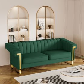 FX-P81PU-GR SOFA Modern Green PU Sofa With Gold Accents - Sleek Channel-Tufted Upholstery, 3-Seat Couch For Living Room And Office DecorTEMU Suitabl