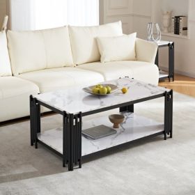 2-story Imitation Marble Patterned Coffee Table With Storage Rack