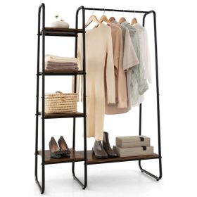 Industrial Wood Metal Garment Rack Clothes Hanging Bar with Storage Shelves