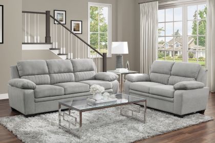 Modern Living Room 2pc Sofa Set Plush Comfortable Sofa Loveseat Set Gray Textured Fabric Channel Tufting Solid Wood Frame Furniture