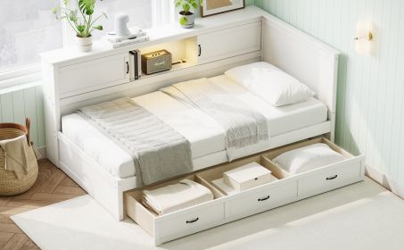 L-Shaped Bed Frame with Drawer and and Bookcase,Corner Bed Wooden Captain Bed with Led Downlight and USB Port for Small Room,Bedroom, Guest Room