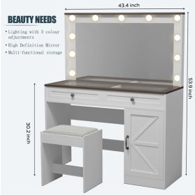 43.4"Makeup Vanity Table, Makeup Table with Large Mirror and 11 LED Light , Brightness Adjustable, Dressing Table Desk with 3 Drawers