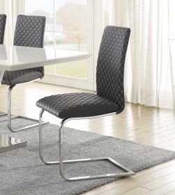 Sleek Contemporary Style Side Chairs Set of 2, Gray Faux Leather Diamond Pattern Stitching Chrome Metal Finish Dining Room Furniture