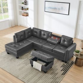 Sectional 3-Seaters Sofa , reversible recliner, Storage pad and wood grain cup holder, Non-slip leg, pu, grey