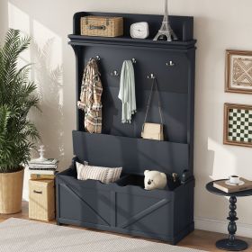 Hall Tree with Storage Bench, Entryway Bench with Drawer and 5 Hooks, Coat Rack with Display Shelf for Hallway Entryways, Dark Blue