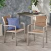 Outdoor Modern Aluminum Dining Chair with Faux Wood Seat (Set of 2), Natural and Silver