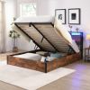 Lift-up Storage Bed Frame, Queen Size Bed Frame with Bookcase Headboard & LED Lights, Wooden Platform Bed Frame with Charging Station