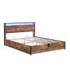 Lift-up Storage Bed Frame, Queen Size Bed Frame with Bookcase Headboard & LED Lights, Wooden Platform Bed Frame with Charging Station