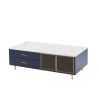 Modern Navy Blue Coffee Table with 2 Glass Door Storage, 4 Drawers, Gold Metal Legs, and Multi-Color Lighting in 47.2''