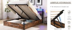 Lift-up Storage Bed Frame, Queen Size Bed Frame with Bookcase Headboard & LED Lights, Wooden Platform Bed Frame with Charging Station