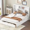 Queen Size Platform Bed with Storage Headboard and 2 Drawers, White