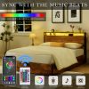 Lift-up Storage Bed Frame, Queen Size Bed Frame with Bookcase Headboard & LED Lights, Wooden Platform Bed Frame with Charging Station