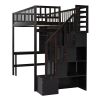 Twin size Loft Bed with Bookshelf,Drawers,Desk,and Wardrobe-Espresso