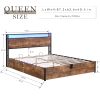 Lift-up Storage Bed Frame, Queen Size Bed Frame with Bookcase Headboard & LED Lights, Wooden Platform Bed Frame with Charging Station