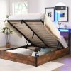 Lift-up Storage Bed Frame, Queen Size Bed Frame with Bookcase Headboard & LED Lights, Wooden Platform Bed Frame with Charging Station