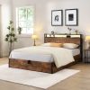 Lift-up Storage Bed Frame, Queen Size Bed Frame with Bookcase Headboard & LED Lights, Wooden Platform Bed Frame with Charging Station