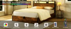 Lift-up Storage Bed Frame, Queen Size Bed Frame with Bookcase Headboard & LED Lights, Wooden Platform Bed Frame with Charging Station