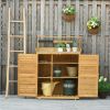 Garden Potting Bench Table Wooden Workstation Shed with Tabletop, Hooks, 3-Tier Shelves Cabinet and 2 Magnetic Close Doors