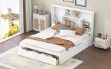 Queen Size Platform Bed with Storage Headboard and 2 Drawers, White