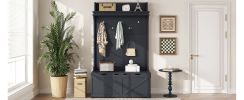 Hall Tree with Storage Bench, Entryway Bench with Drawer and 5 Hooks, Coat Rack with Display Shelf for Hallway Entryways, Dark Blue