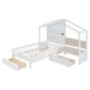 Twin Size House Bed with Upholstered Sofa, House Bed with Charging Station, Wireless Charging, Shelves and Two Drawers, White