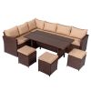 8-Piece Set Outdoor Rattan Dining Table And Chair Brown Wood Grain Rattan Khaki Cushion Plastic Wood Surface