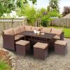 8-Piece Set Outdoor Rattan Dining Table And Chair Brown Wood Grain Rattan Khaki Cushion Plastic Wood Surface