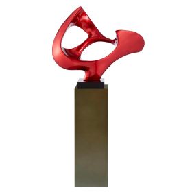 Metallic Red Abstract Mask Floor Sculpture With Stand, 54" Tall (Color: Gray)