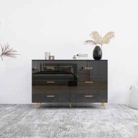 High Glossy Surface 6 Drawers Chest Of Drawer With Golden Handle And Golden Steel Legs White Color Vanity (Color: Black)