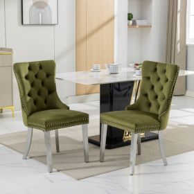 High-end Tufted Solid Wood Contemporary Velvet Upholstered Dining Chair With Chrome Stainless Steel Plating Legs,Nailhead Trim,Set Of 2 (Option: Olive Green)